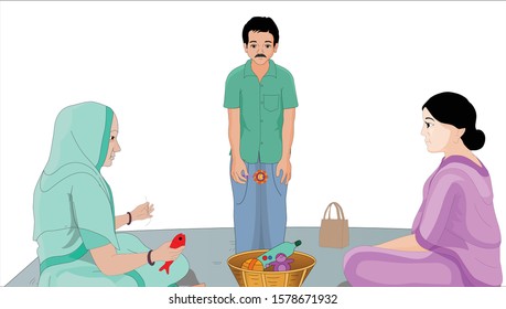 A young man stand with a toy and a young lady with old woman makes toys