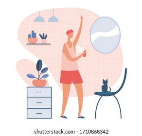 Young man standing against mirror and spraying armpits with deodorant in morning time in bathroom with domestic cat. Everyday personal care, hygienic procedure. Flat cartoon vector illustration