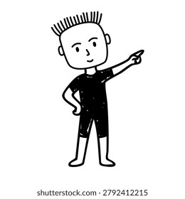 young man standing alone pointing finger at something