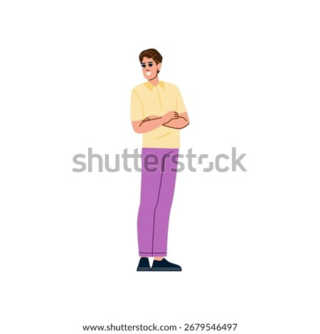 Young man standing with arms crossed, radiating confidence and a cheerful smile, embodying a positive attitude and self assurance in a casual, modern style
