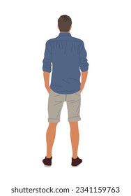 Young man Standing Back View. Cartoon Male Character Wearing casual summer street fashion outfit Rear View vector realistic illustration Isolated on white Background