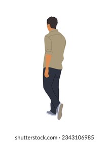 Joven mirando hacia atrás. Caricatura Personaje masculino Viendo ropa de moda de calle de verano casual Vista trasera ilustración realista del vector Aislado en fondo blanco