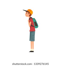 Young Man Standing with Backpack Vector Illustration