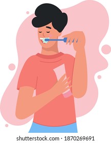 Young man standing in bathroom and brushing his teeth with toothbrush. Daily morning routine, oral or dental hygiene procedure. Flat cartoon vector illustration.