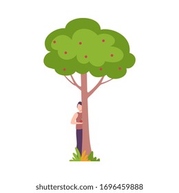 Young Man Standing Behind Apple Tree, Guy Peeking Behind Tree Trunk Vector Illustration