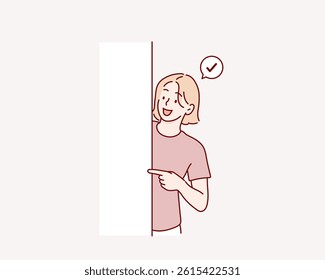 Young man standing behind a wall while peeking and pointing finger with curiosity, startled, shocked, Surprised, peeping, listening, discovery and Pay atte.Hand drawn style vector design illustrations