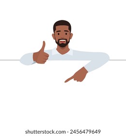 Young man is standing behind the white blank banner and pointing down at a copy space with thumb up. Flat vector illustration isolated on white background