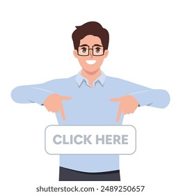 Young man standing behind the white blank banner and pointing down. Flat vector illustration isolated on white background