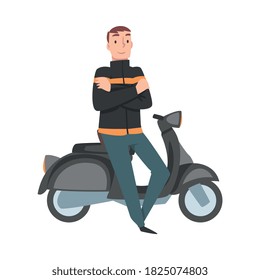 Young Man Standing Beside his Scooter Cartoon Style Vector Illustration on White Background