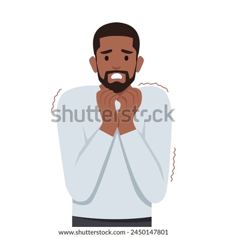 Young man standing biting nails feeling bad with ghosts at wall from inside fears. Flat vector illustration isolated on white background