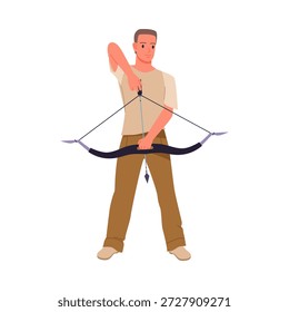Hombre joven de pie con arco y flecha aislado en el fondo blanco para la Ilustración vectorial de concepto de tiro con arco
