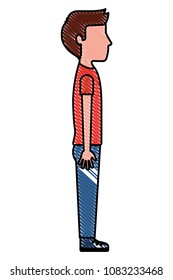 young man standing casual clothes side view