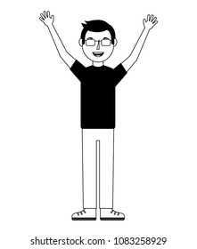 young man standing character arms up