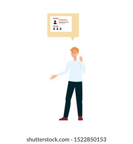 Young man is standing and chatting with a dialogue in a bubble , a chat concept in a mobile application. Isolated vector flat cartoon illustration of a man character chatting app dialogue.