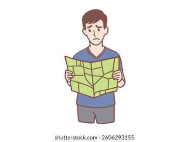 Young man standing with city map and feeling worried and depressed for distress. Hand drawn style vector design illustrations.