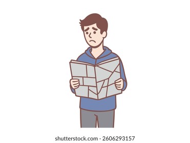 Young man standing with city map and feeling worried and depressed for distress. Hand drawn style vector design illustrations.