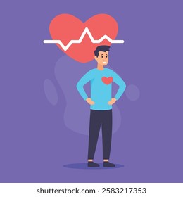 Young man standing confidently with hands on hips against purple background featuring heart and heartbeat line. Wellness and vitality concept