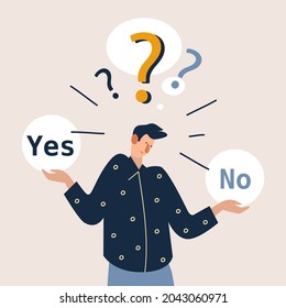 Young man standing confusedly to choose YES or NO. Concept of choice, selection, answer, reply, accept of refuse. Flat style vector illustration cartoon character.