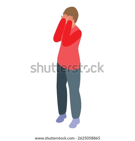 Young man is standing and covering his face with his hands, feeling ashamed