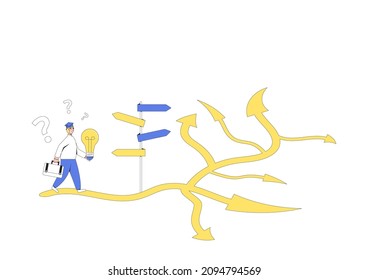 Young man standing at crossroads. Graduate looking at singpost. Confused person thinking about the right path. Vector illustration in line art style.