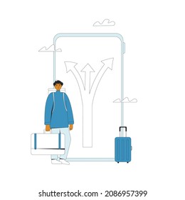 Young man standing at crossroads on phone screen. Confused person thinking about the right path. Vector illustration in line art style.