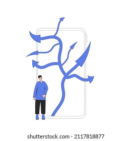 Young man standing at crossroads on phone screen. Confused person thinking about the right path. Vector illustration in line art style.