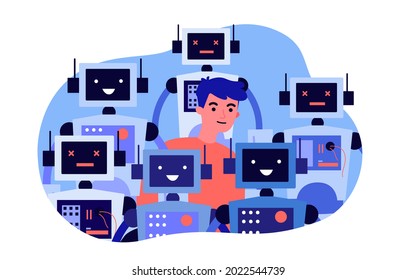 Young man standing in crowd of robots. Flat vector illustration. Man surrounded by smart robots with functional and broken control panels. Robotics, future, modern technologies, humanity concept