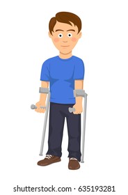 Young man standing with crutches