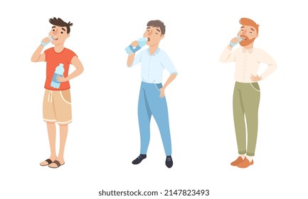 Young Man Standing And Drinking Pure Still Water From Plastic Bottle Quenching Thirst Vector Set