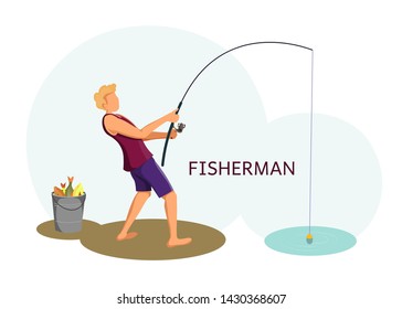 Young man standing with fishing rod. Poster design for fishing, fisherman, hobby Vector illustration for poster, banner, postcard.