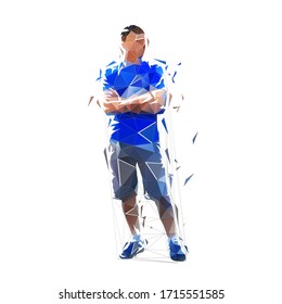 Young man standing with folded arms. Guy wearing shorts and shirt, summer clothing. Isolated vector silhouette, abstract ink drawing