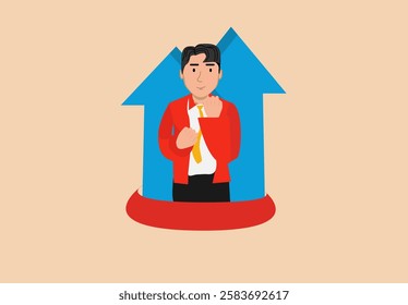 A young man standing in front of an arrow, indicating success in career