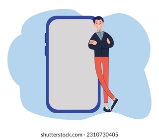 young man standing in front big phone template