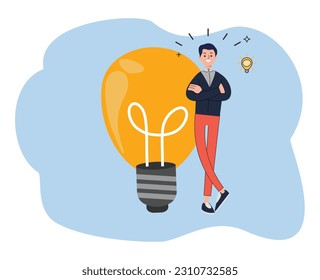 young man standing in front big bulb with idea concept