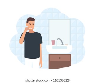 Young man standing in front of mirror in bathroom and brushing his teeth with toothbrush. Daily morning routine, oral or dental hygiene procedure. Flat cartoon colorful vector illustration.