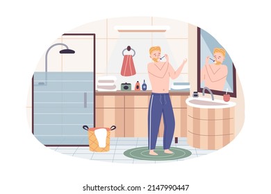 Young man standing in front of mirror and cleansing and shaves. Everyday personal care, morning routine, skincare daily routine, hygienic procedure. Flat cartoon vector illustration.