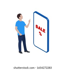 Joven parado frente al smartphone. Venta de compras en línea. Isométrica ilustración.