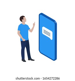 Junge Menschen, die vor Smartphone-Lesefunktionen stehen. Chat online mit Anwendung. Isometrische Illustration.