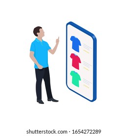 Joven parado frente al smartphone y navegando en la web usando la aplicación. Eligiendo ropa. Isométrica ilustración.Compras en línea.