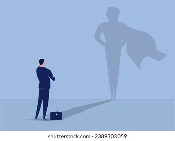 Young man standing in front of superhero shadow. vector Illustration.