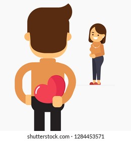 Young man standing in front of a young woman holding a heart behind his back. Saint Valentine's day