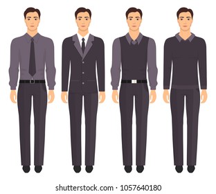 Young man standing in full growth in different formal clothes. Man in elegant and casual clothes. Basic wardrobe. Vector illustration, isolated