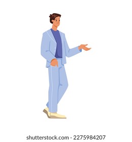 Young Man Standing and Gesture His Hand Talking to Someone Vector Illustration