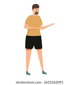 El joven está de pie y gesticulando con las manos como si estuviera mostrando o presentando algo