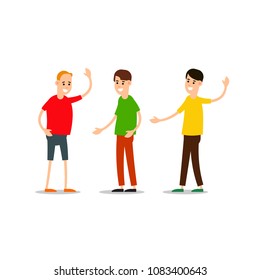 Young man standing and greet each other. Group of young people. Funny cartoon guy in various poses. Cartoon illustration isolated on white background in flat style. 
