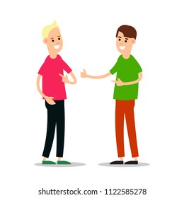 Young man standing and greet each other. Group of young people. Funny cartoon guy in various poses. Cartoon illustration isolated on white background in flat style. 
