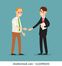 Young man standing and greet each other. Group of young people. Funny cartoon guy in various poses. Cartoon illustration isolated in flat style. 
