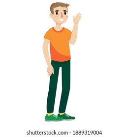 Un joven está de pie. tipo con una camiseta naranja.