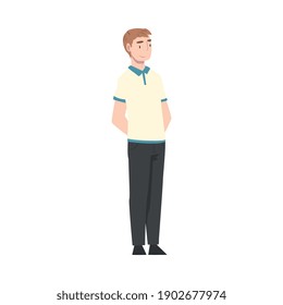 Young Man Standing with Hands Behind His Back and Waiting Cartoon Style Vector Illustration