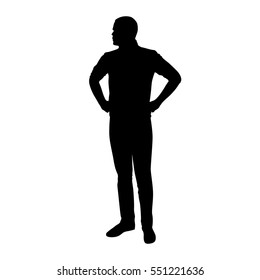 Young Man Is Standing With Hands On Hips Vector Silhouette